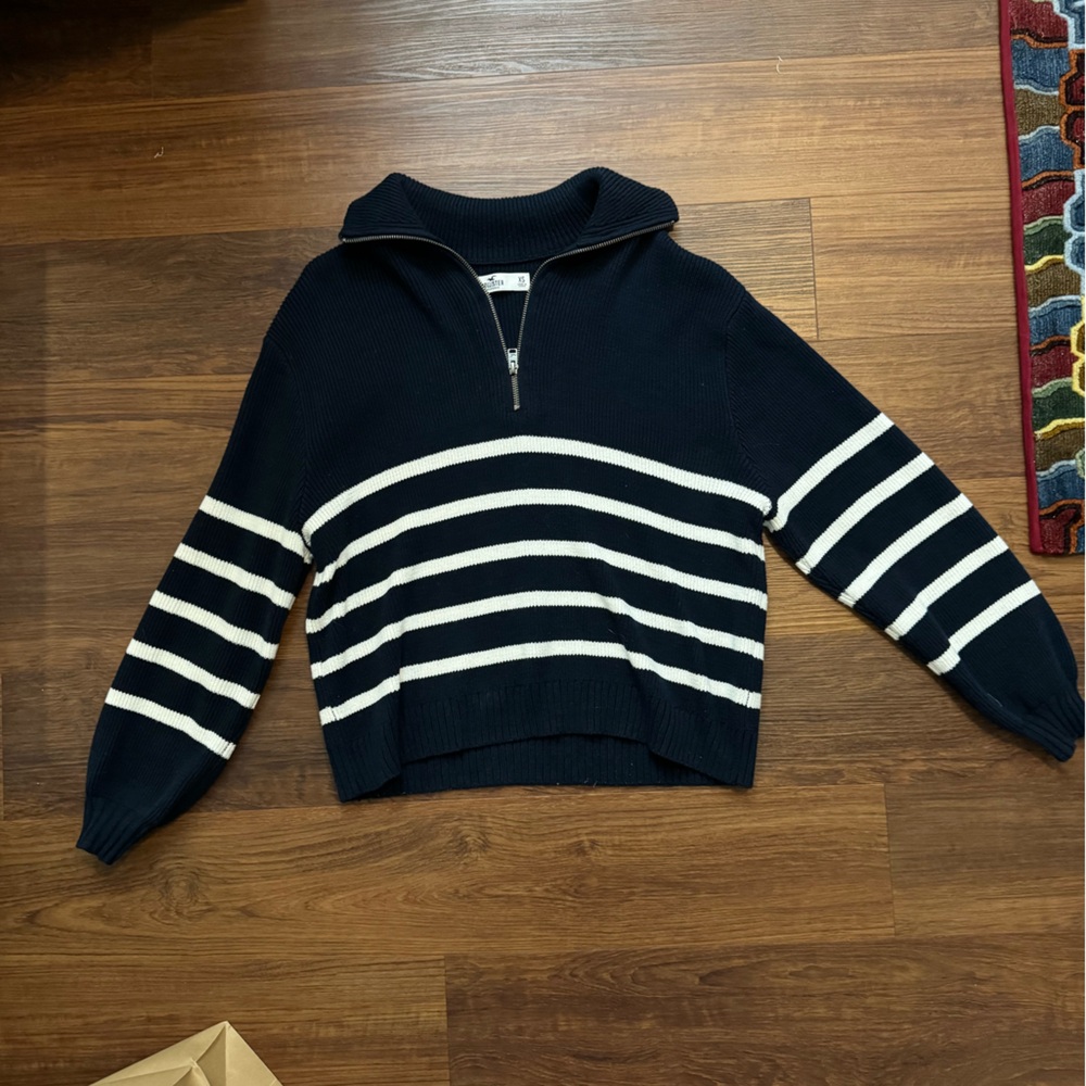 Hollister navy striped three quarter zip up